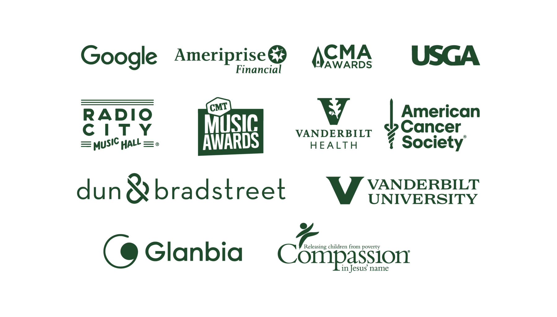 Google, Ameriprise Financial, CMA Awards, USGA, Radio City Music Hall, CMT Music Awards, Vanderbilt Health, American Cancer Society, Dun & Bradstreet, Vanderbilt University, Glanbia, and Compassion International