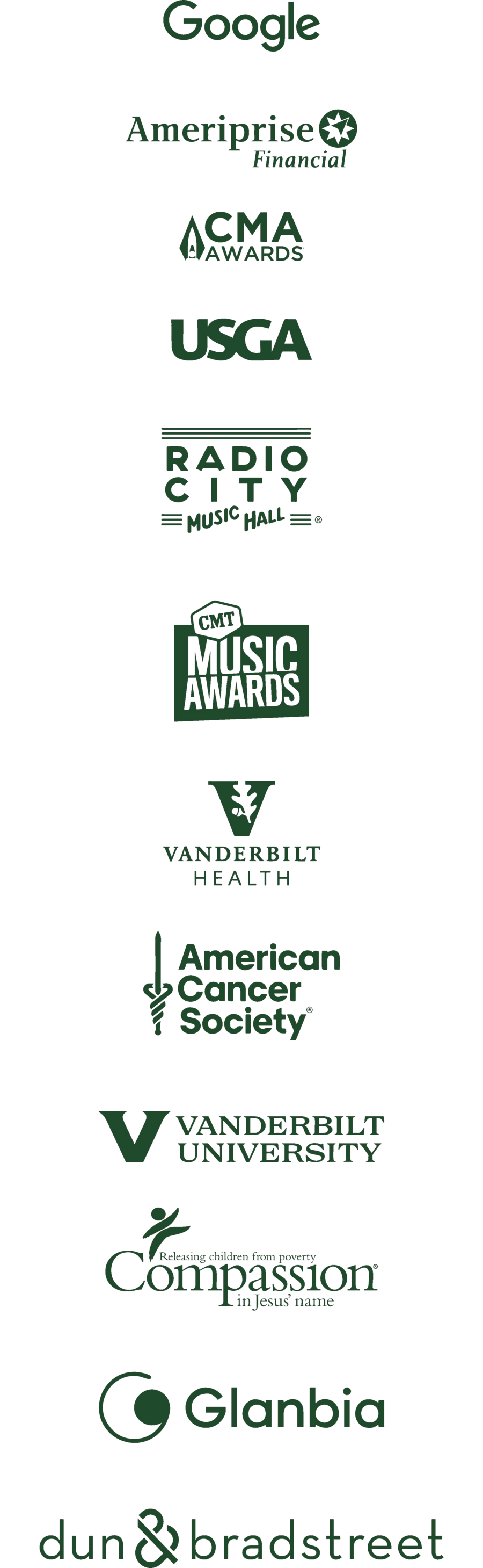 Google, Ameriprise Financial, CMA Awards, USGA, Radio City Music Hall, CMT Music Awards, Vanderbilt Health, American Cancer Society, Vanderbilt University, Compassion International, Glanbia, and Dun & Bradstreet
